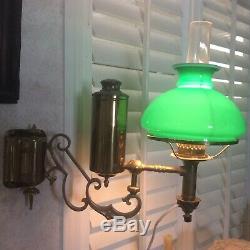 Vintage Brass Wall Armed Student Oil Lamp Green Glass Shade