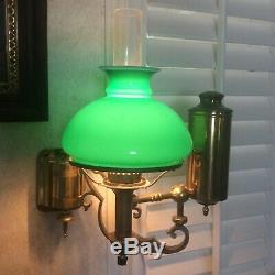 Vintage Brass Wall Armed Student Oil Lamp Green Glass Shade