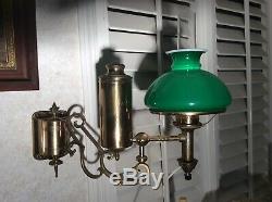 Vintage Brass Wall Armed Student Oil Lamp Green Glass Shade