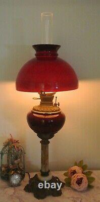 Vintage Burgundy Glass Marble Brass Base Banquet Oil Lamp Electrified