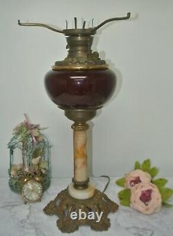 Vintage Burgundy Glass Marble Brass Base Banquet Oil Lamp Electrified