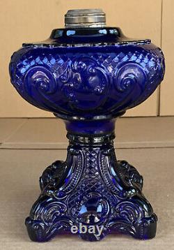 Vintage Deep Cobalt Blue Princess Feather Glass Kerosene Oil Sewing Lamp #2