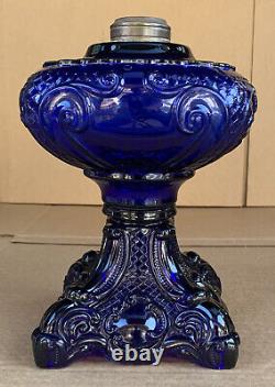 Vintage Deep Cobalt Blue Princess Feather Glass Kerosene Oil Sewing Lamp #2