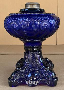 Vintage Deep Cobalt Blue Princess Feather Glass Kerosene Oil Sewing Lamp #2