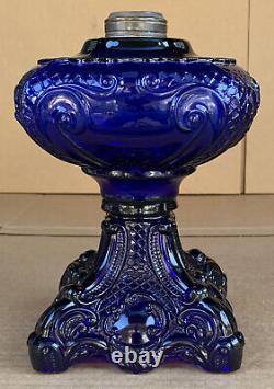 Vintage Deep Cobalt Blue Princess Feather Glass Kerosene Oil Sewing Lamp #2