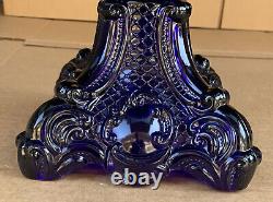 Vintage Deep Cobalt Blue Princess Feather Glass Kerosene Oil Sewing Lamp #2