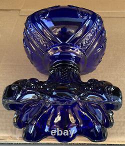 Vintage Deep Cobalt Blue Princess Feather Glass Kerosene Oil Sewing Lamp #2