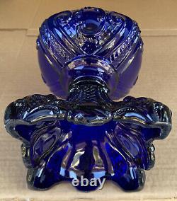 Vintage Deep Cobalt Blue Princess Feather Glass Kerosene Oil Sewing Lamp #2