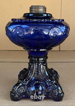 Vintage EAPG Deep Cobalt Blue Princess Feather Glass Kerosene Oil Sewing Lamp #1