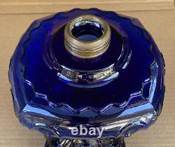 Vintage EAPG Deep Cobalt Blue Princess Feather Glass Kerosene Oil Sewing Lamp #1