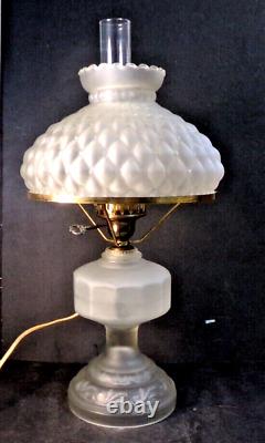 Vintage FROSTED SATIN GLASS Oil Lamp CONVERTED and QUILTED SATIN GLASS SHADE 21