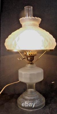 Vintage FROSTED SATIN GLASS Oil Lamp CONVERTED and QUILTED SATIN GLASS SHADE 21