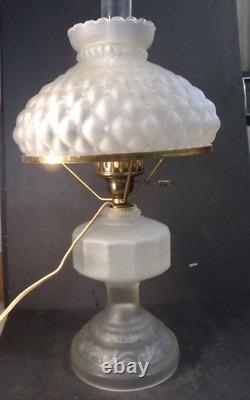 Vintage FROSTED SATIN GLASS Oil Lamp CONVERTED and QUILTED SATIN GLASS SHADE 21