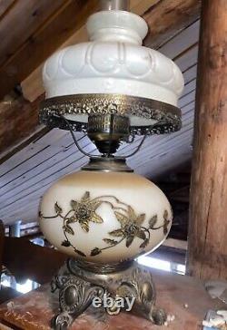 Vintage Faulkenstein Oil Converted Electric, Brass Floral & White Hurricane Lamp