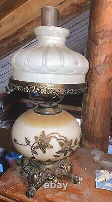 Vintage Faulkenstein Oil Converted Electric, Brass Floral & White Hurricane Lamp