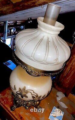 Vintage Faulkenstein Oil Converted Electric, Brass Floral & White Hurricane Lamp