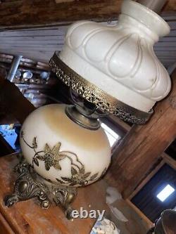 Vintage Faulkenstein Oil Converted Electric, Brass Floral & White Hurricane Lamp