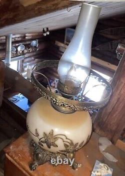 Vintage Faulkenstein Oil Converted Electric, Brass Floral & White Hurricane Lamp