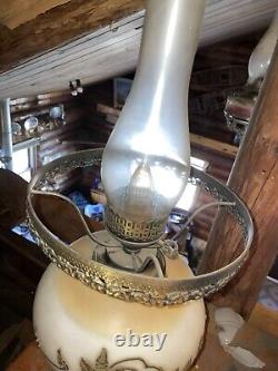 Vintage Faulkenstein Oil Converted Electric, Brass Floral & White Hurricane Lamp