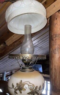 Vintage Faulkenstein Oil Converted Electric, Brass Floral & White Hurricane Lamp