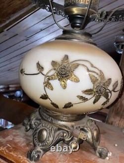 Vintage Faulkenstein Oil Converted Electric, Brass Floral & White Hurricane Lamp