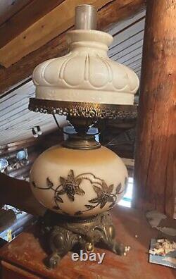 Vintage Faulkenstein Oil Converted Electric, Brass Floral & White Hurricane Lamp