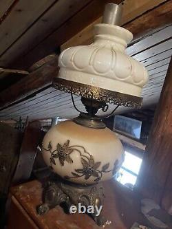 Vintage Faulkenstein Oil Converted Electric, Brass Floral & White Hurricane Lamp