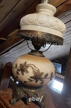 Vintage Faulkenstein Oil Converted Electric, Brass Floral & White Hurricane Lamp