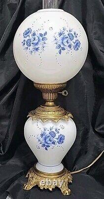 Vintage GWTW WHITE MILK GLASS HP BLUE FLOWERS PARLOR Oil LAMP ELECTRIFIED 3 WAY