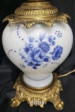 Vintage GWTW WHITE MILK GLASS HP BLUE FLOWERS PARLOR Oil LAMP ELECTRIFIED 3 WAY