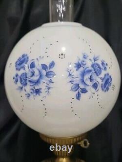 Vintage GWTW WHITE MILK GLASS HP BLUE FLOWERS PARLOR Oil LAMP ELECTRIFIED 3 WAY