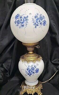 Vintage GWTW WHITE MILK GLASS HP BLUE FLOWERS PARLOR Oil LAMP ELECTRIFIED 3 WAY