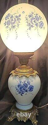 Vintage GWTW WHITE MILK GLASS HP BLUE FLOWERS PARLOR Oil LAMP ELECTRIFIED 3 WAY