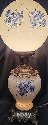 Vintage GWTW WHITE MILK GLASS HP BLUE FLOWERS PARLOR Oil LAMP ELECTRIFIED 3 WAY