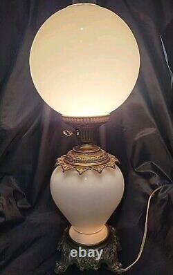 Vintage GWTW WHITE MILK GLASS HP BLUE FLOWERS PARLOR Oil LAMP ELECTRIFIED 3 WAY