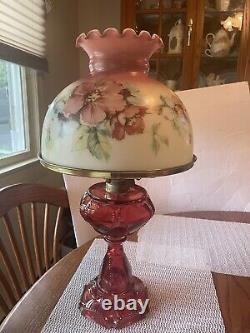 Vintage Gone With The Wind Style Hurricane Lamp Floral Table Lamp/Red Glass