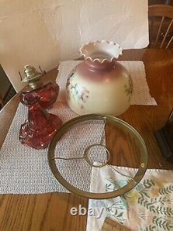 Vintage Gone With The Wind Style Hurricane Lamp Floral Table Lamp/Red Glass