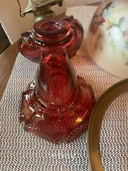 Vintage Gone With The Wind Style Hurricane Lamp Floral Table Lamp/Red Glass