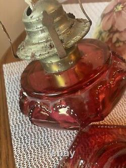 Vintage Gone With The Wind Style Hurricane Lamp Floral Table Lamp/Red Glass