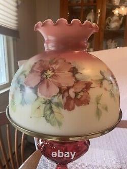 Vintage Gone With The Wind Style Hurricane Lamp Floral Table Lamp/Red Glass