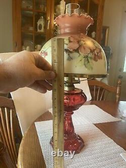Vintage Gone With The Wind Style Hurricane Lamp Floral Table Lamp/Red Glass