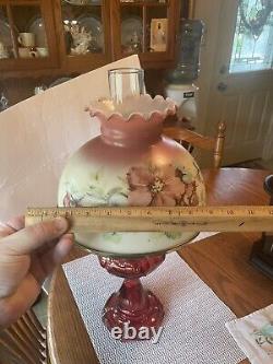 Vintage Gone With The Wind Style Hurricane Lamp Floral Table Lamp/Red Glass