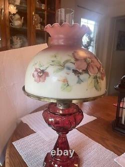 Vintage Gone With The Wind Style Hurricane Lamp Floral Table Lamp/Red Glass