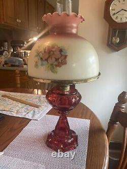 Vintage Gone With The Wind Style Hurricane Lamp Floral Table Lamp/Red Glass