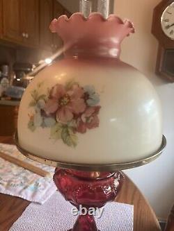 Vintage Gone With The Wind Style Hurricane Lamp Floral Table Lamp/Red Glass