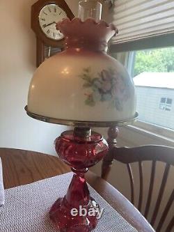 Vintage Gone With The Wind Style Hurricane Lamp Floral Table Lamp/Red Glass