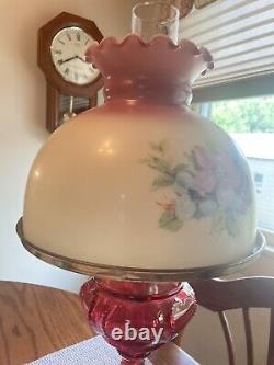 Vintage Gone With The Wind Style Hurricane Lamp Floral Table Lamp/Red Glass