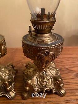Vintage Heavy Cast Metal Kerosene Oil Lamp With Glass Chimney