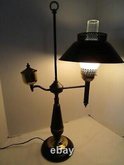 Vintage Metal Toleware Faux Oil Electric lamp Black & gold Shade & chimney 28 H