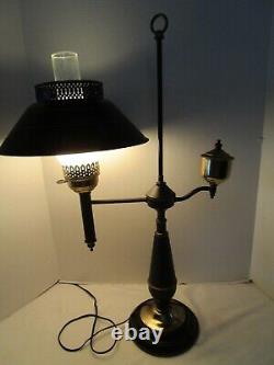 Vintage Metal Toleware Faux Oil Electric lamp Black & gold Shade & chimney 28 H